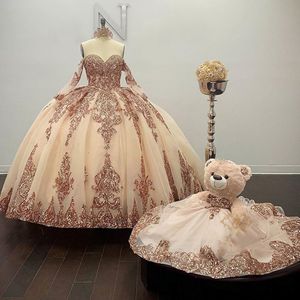 Rose Gold Sparkly Ball Jurk Quinceanera -jurken Afneembare mouwen Sweetheart -sequgels Applique Sweet 16 Dress Party Wear 2010