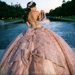 Rose Gold Sparkly Crystal Appliques Bow Quinceanera Dresses Ball Jurk Mouwloze Beading Ruffles Corset voor Sweet 15 Girls 0523