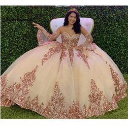 Rose Gold Sparkly Quinceanera Prom Dresses 2022 Modern Sweetheart Lace Applique Lentejuelas Ball Gown Tulle Vintage Evening Party240z