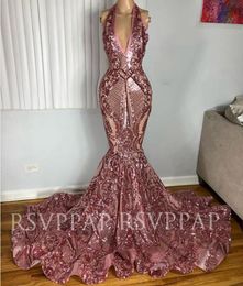 Rose Gold Sparkly Pailletten Mermaid Prom Dresses 2021 Sexy V-hals Plus Smaats Sweep Train Avondjurken Arabische Dames Vestidos de Novia