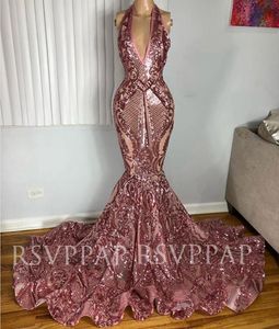 Robes de bal sirène en or rose, paillettes scintillantes, sexy, col en V, grande taille, traîne de balayage, robes de soirée pour femmes arabes, 2021