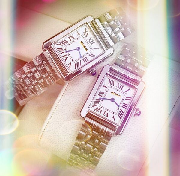 Rose Gold Square Roman deux broches Quartz Watch Lovers Lovers Men Femmes Regardez Silver Tank Series Wristwatch Sobroche en cuir en acier inoxydable Cool Super Business Clock