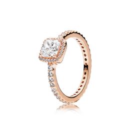 Bague carrée en or rose scintillant Halo pour Pandora Real Sterling Silver Womens Wedding Designer Jewelry CZ Diamond Girlfriend Gift Bagues de fiançailles avec boîte d'origine