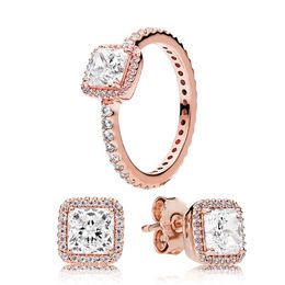 Boucles d'oreilles carrées en or rose et ensemble de bagues bijoux pour bagues de noce en cristal de diamant Pandora pour femmes filles boucles d'oreilles de luxe avec boîte-cadeau originale