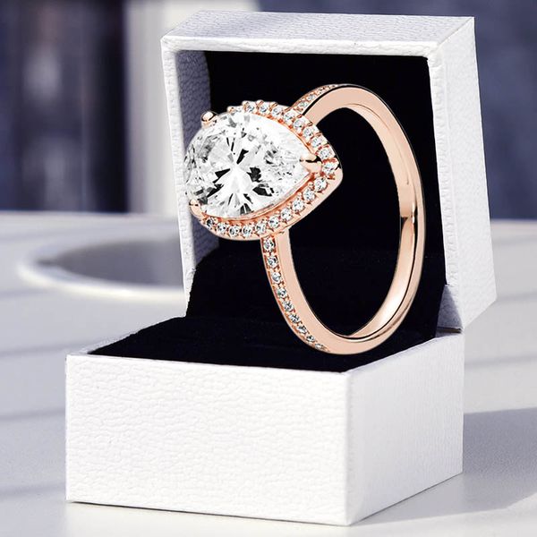 Rose Gold Teardrop Halo RING Auténtico diseñador de bodas de plata esterlina 925 Joyas para mujeres Niñas Caja original para Pandora novia Anillos de regalo