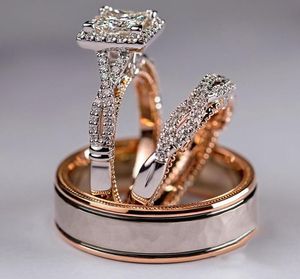 Anillo tres en uno de oro rosa, joyería, compromiso de boda, nupcial, brillante, conjunto de anillos con halo de diamantes, fiesta de cóctel, talla 6-10