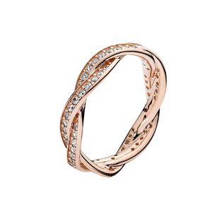 Anneau de lignes torsadées en or rose Authentique bijoux de mariage en argent sterling pour femmes filles avec boîte d'origine pour les fiançailles en diamant Pandora CZ Bagues empilables