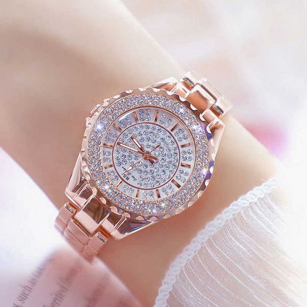 Relojes de oro rosa para mujer, marca famosa, relojes de pulsera de cuarzo con diamantes para mujer, reloj femenino de acero inoxidable, reloj femenino 210527