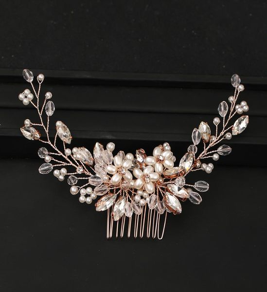 Bijoux de cheveux de mariée en or Rose pour femmes de fête, diadème fait à la main, perles en cristal, peignes à cheveux, bandeaux 4426555
