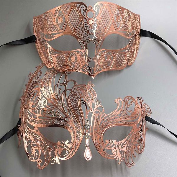 Or rose femmes hommes couple paire amant en métal léger découpé au laser en filigrane vénitien Mardi Gras mascarade bal masques ensemble T2317t