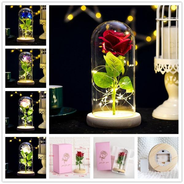 Rose dure pour toujours avec des lumières LED dans un dôme de verre Saint Valentin Anniversaire de mariage Cadeaux d'anniversaire Décoration de fête 5 couleurs DHL Ship