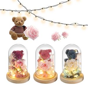 Rose Belle ours en peluche en verre avec humeur légère ours mignon rose éternelle en verre pour toujours fleurs cadeaux pour petite amie femme mère 240418