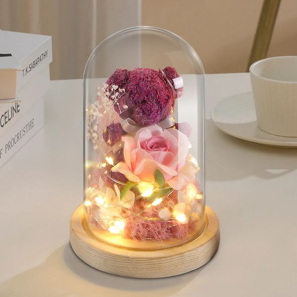 Rose Belle ours en peluche en verre avec une humeur légère ours rose éternelle en verre pour toujours fleurs copine copine valentines cadeau 240418