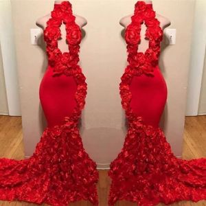 Rose Mermaid Red Prom Nieuwe Sexy High Neck Appliques Formele avondjurken Sweep trein feestjurken