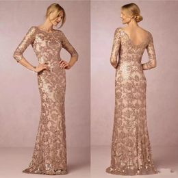 Rose New Bling Gold Sequine Mother of the Bride Dresses Jewel Lace Appliques V Vestido de fiesta de fiesta de la noche