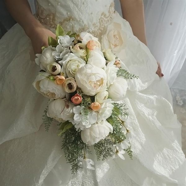 Rose Peony Bridal Cascading Bouquet Mariage Bouquets Bride Girl Fleurs à la maison Décoration Fausse de table Fleur Blanc Pink2337