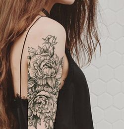 Rose Peony Flower Girls Tattoos temporaires pour femmes Autocollants de tatouage noir étanche 3D Blossom Lady épaule DIY Tatoos3099825