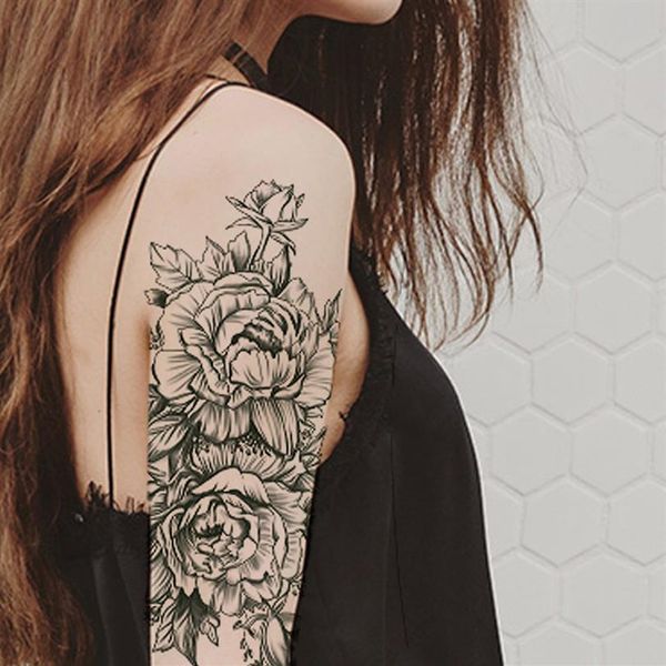 Rose pivoine fleur filles tatouages temporaires pour femmes imperméable noir tatouage autocollants 3D fleur dame épaule bricolage Tatoos206v