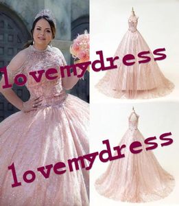 Rose rose 2021 Robes de quinceanera pour Sweet 16 filles High Neck perle à l'épaule froide Crystal Bling Tulle Corset Balle Ball Ball P2940282