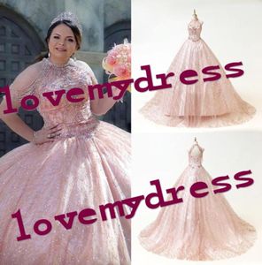 Rose rose 2021 Robes de quinceanera pour Sweet 16 Filles High Neck Per perle froide épaule Crystal Bling Tulle Corset Balle Ball Ball P7727031