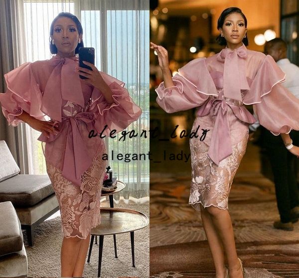 Rose Rose Aso Ebi robes de Cocktail de soirée courtes 2022 dentelle Organza à manches longues africaine genou longueur sirène robe de soirée de bal