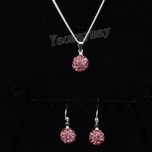 10 mm roze roze discobal hanger oorbellen en ketting kristallen sieraden ingesteld voor nieuwjaar 10 sets groothandel