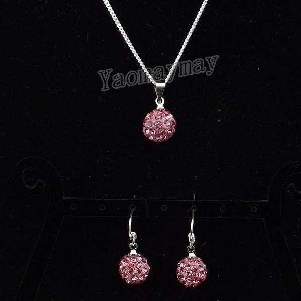 Pendientes de colgante de bolas de discoteca de color rosa de 10 mm y collar de joyas de cristal para el Año Nuevo 10 sets al por mayor
