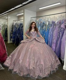 Rose Rose luxe brillant Quinceanera robes épaules dénudées cristal gland Corset doux 15 robes de bal robes de gala