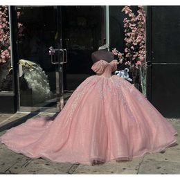 Princesse rose rose Sparkly Quinceanera Robes de l'épaule Gillter Applique Crystal Sweet 15 Vestido Cendinlela Debutante 0531