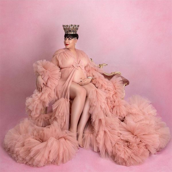 Vestidos de graduación rosa para mujer 2022, vestidos de fiesta de bienvenida de bebé con volantes adicionales, vestido de maternidad con faja de lazo, túnicas de celebridades personalizadas
