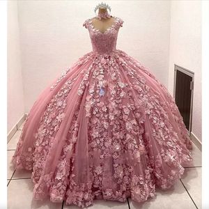 Vestidos de quinceañera rosa rosa con apliques florales en 3D Vestido de fiesta Con cuentas Cuello alto Vestido formal Fiesta de cumpleaños dulce 16 Vestidos de fiesta Vestidos hechos a medida