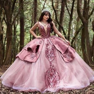 Roze roze pailletten quinceanera jurken 2022 Charro Mexican Sweet 16 jurk corset luxe vestido de 15 anos festa luxo vintage