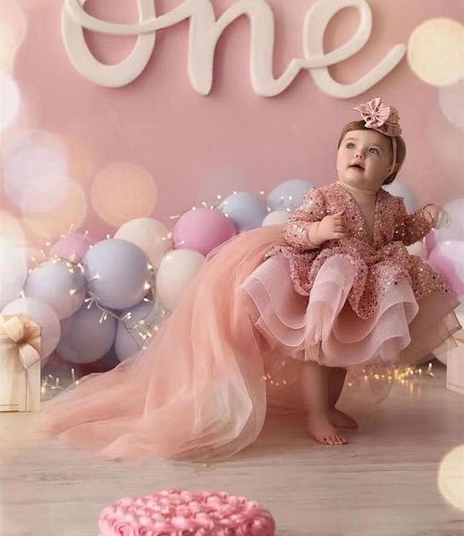 Robe de soirée d'anniversaire pour enfants, Rose, à paillettes, robe de bal haute et basse, Tutu, vêtements de cérémonie, manches longues, jolies robes à fleurs pour filles, 2024