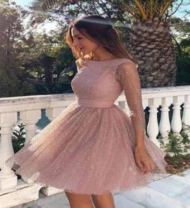 Roze roze pailletten tule party prom jurken knielengte met lange mouw ronde halslijn imperium imperium aline homecoming optocht dres7534998