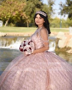 Rose Pink Shinny Sequined Ball-jurk Quinceanera Jurken Kralen Sweet 16 Kleding van de Schouder Vestidos de 15 Años 2021