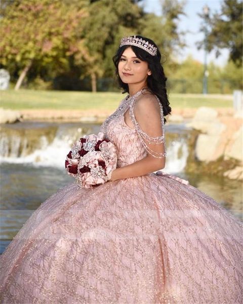 Rose rose brillant paillettes robe de bal robes de Quinceanera perles douce 16 robe hors de l'épaule vestidos de 15 a￱os 2021