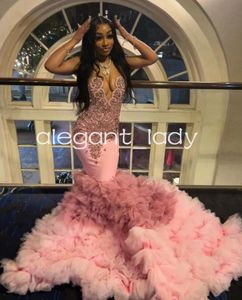 Rose Pink Sparkly Long Evening Birthday Gala -jurken voor Black Girl 2024 Luxe Diamant Crystal Mermaid Prom Ceremony Dress