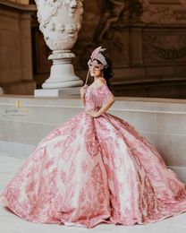 Rose Pink Sparkly Princess Quinceanera Jurken Luxury Applique Gillter Tassle Off Shoulder Puffy Vestido de 15 Quinceanera