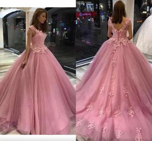 Rose Pink Sweet 16 jurken parels kralen kristallen applique kant quinceanera jurk baljurken prom afstuderende jurk 8e klas