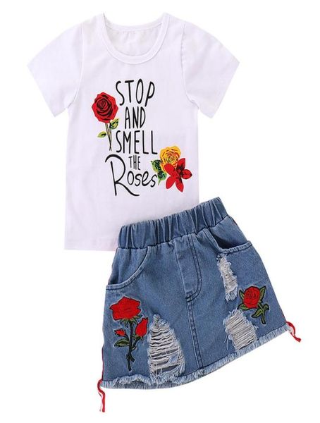 Ensembles de vêtements pour bébé fille imprimés roses t-shirt à manches courtes en coton avec jupe en jean déchiré ensemble deux pièces tenues d'été décontractées 1905238225695