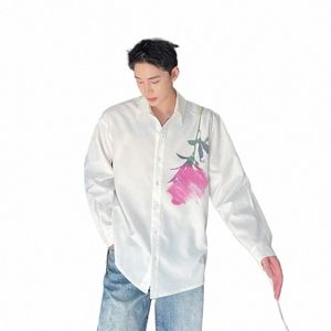 Rose Gedrukt Lg Mouw Voor Mannen Streetwear Fi Losse Casual Vintage Dr Shirts Mannelijke Koreaanse Netto Celebrity Shirts Z5L8 #