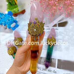 Rose Quartz Flamme Fluorite Point Sorcellerie Décor Inspiré Rose Cristal Torche Arc-En-Ciel Jaune Fluorite Pierre Précieuse Puissance Magique Sceptre Déesse Baguette Énergétique Guérison