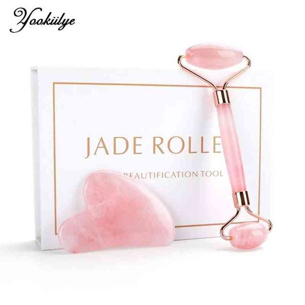 Cuarzo rosa Rodillo de jade natural Gua Sha Scraper Set Masajeador facial para cara Cuerpo Cuello Levantamiento Apretar Adelgazar Cuidado de la piel 220510