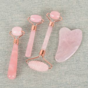 Rose Quartz Roller Slimming Face Care Gua Sha Tool Set Natuurlijke stenen gezichtsaanvallende gezondheid nek oog schoonheid huid detox massager