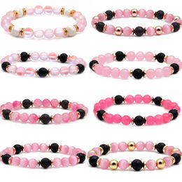 Rose Quartz Stone Pink Opal Glass Kralen Strandarmband voor vrouwen Girl Jewelry