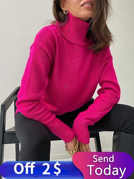 Suéter rosa rojo de Otoño Invierno para mujer, jersey básico verde de cuello alto, jersey de gran tamaño, suéteres de punto Vintage para mujer