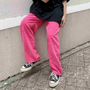 Pantalones de pana roja rosa Otoño e invierno para mujer Estilo coreano Trapeando Pierna ancha Estudiante casual Wild T 210526