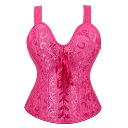 Rose Red Corset Top met riemen Sexy Bustier Zipper Brocade Vest Lingerie Plus Size Gothic For Women Outfit Burlesque Medieval