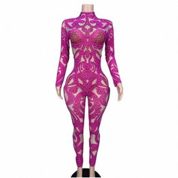 Rose Rood Volledige Rijnste Jumpsuits Voor Vrouwen Dans Drag Queen Kostuum Stretch Pole Clubwear Las Vegas Showgirl Een Stuk Bodyc 02Uz #