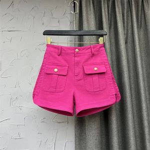 Rose Red Red High Taille Denim Shorts Summer Fashion Split Dunne Button All-Match A-Line Wide-Leg Cargo Pants Femal Solid Jeans 240407